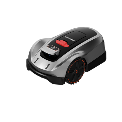 Seitenansicht des Mähroboters Sunseeker X3 X5 mit schwarzen Profilrädern und roten Akzenten. Kompaktes modernes Design mit sichtbarem Stoppknopf.