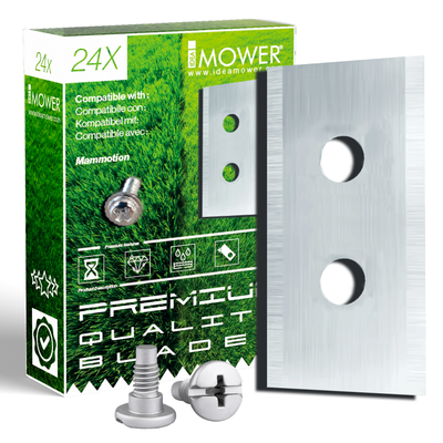 Scatola Idea Mower da 24 lame per robot tagliaerba Mammotion con immagine della lama e delle viti in primo piano.