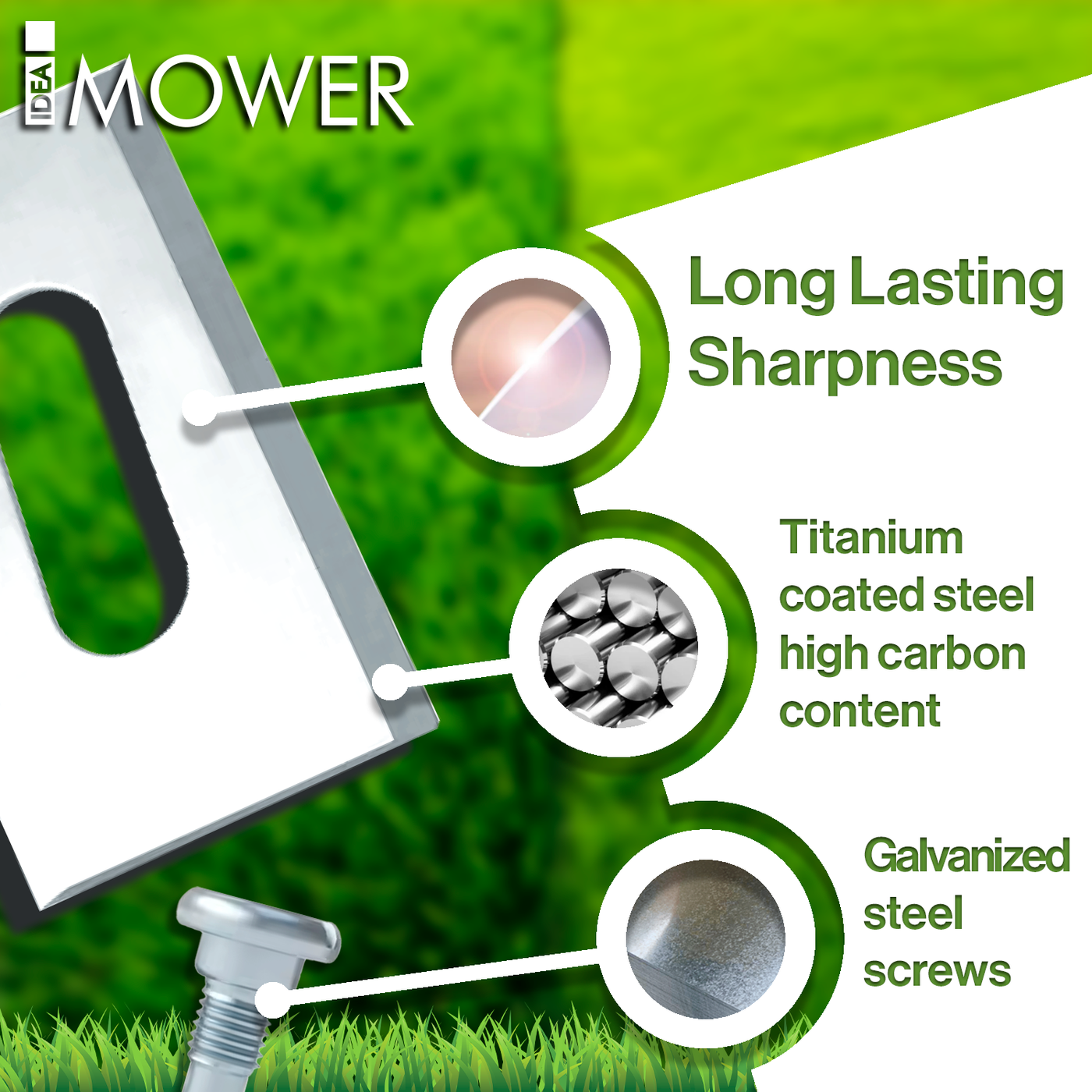 Materialien der Stihl-Mähroboterklingen: Titanbeschichteter Kohlenstoffstahl und verzinkte Schrauben. Text: “Long lasting sharpness”.