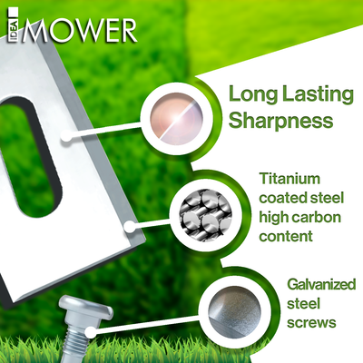 Materialien der Stihl-Mähroboterklingen: Titanbeschichteter Kohlenstoffstahl und verzinkte Schrauben. Text: “Long lasting sharpness”.
