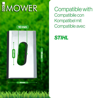 Lame pour robot tondeuse Stihl avec dimensions 35 mm x 19 mm et trou intérieur 20 mm x 10 mm, sur fond vert.