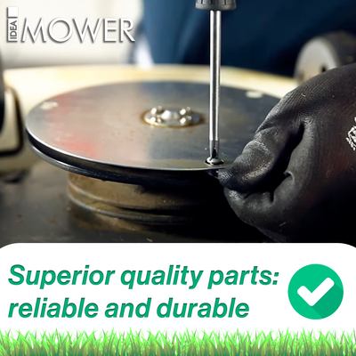 Gloved hand screwing into a Stihl robotic lawnmower blade, highlighting the durability of the parts. Text: “Superior quality parts: reliable and durable”.