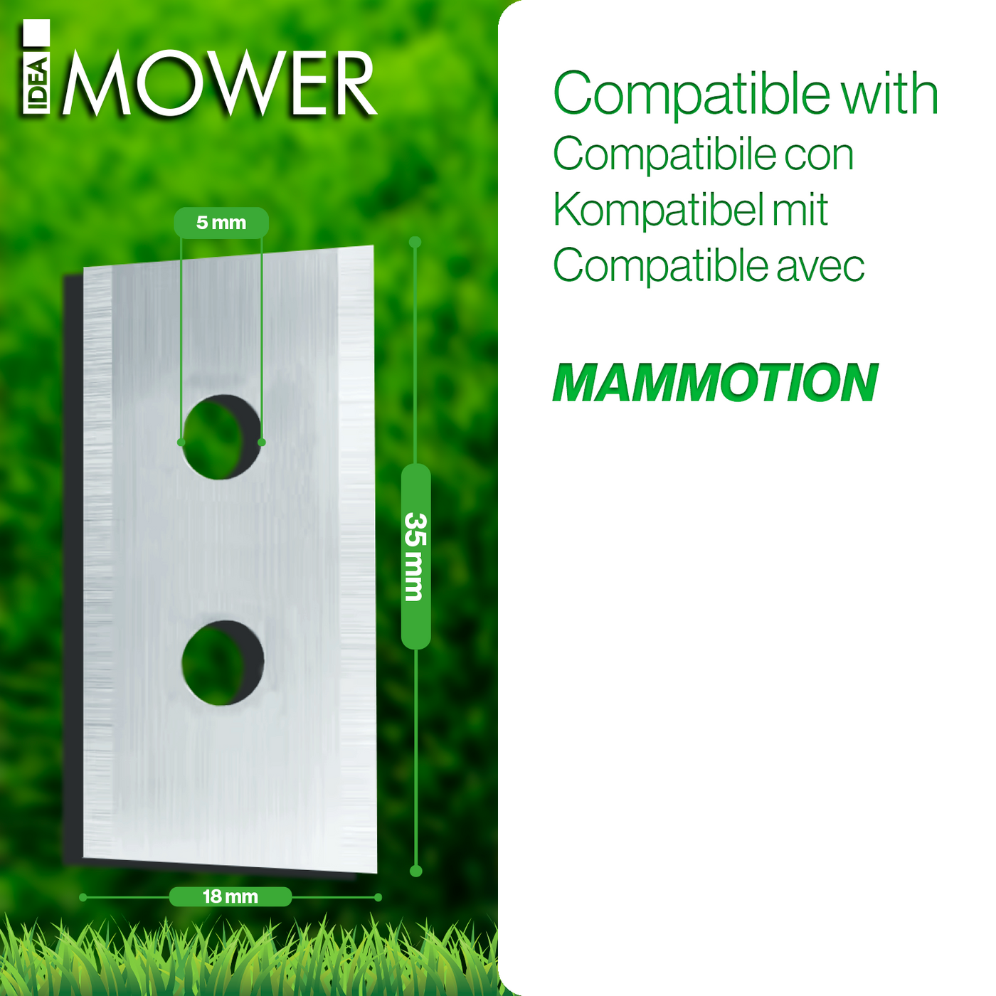 Lame pour robot tondeuse Mammotion avec dimensions : 35 mm de long, 18 mm de large, trous de 5 mm.