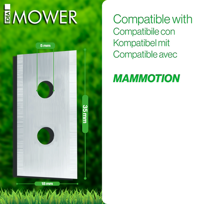 Lame pour robot tondeuse Mammotion avec dimensions : 35 mm de long, 18 mm de large, trous de 5 mm.