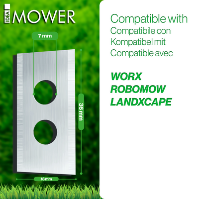 Lame avec deux trous de 7 mm, hauteur 36 mm et largeur 18 mm, compatible avec Worx, Robomow et Landxcape.