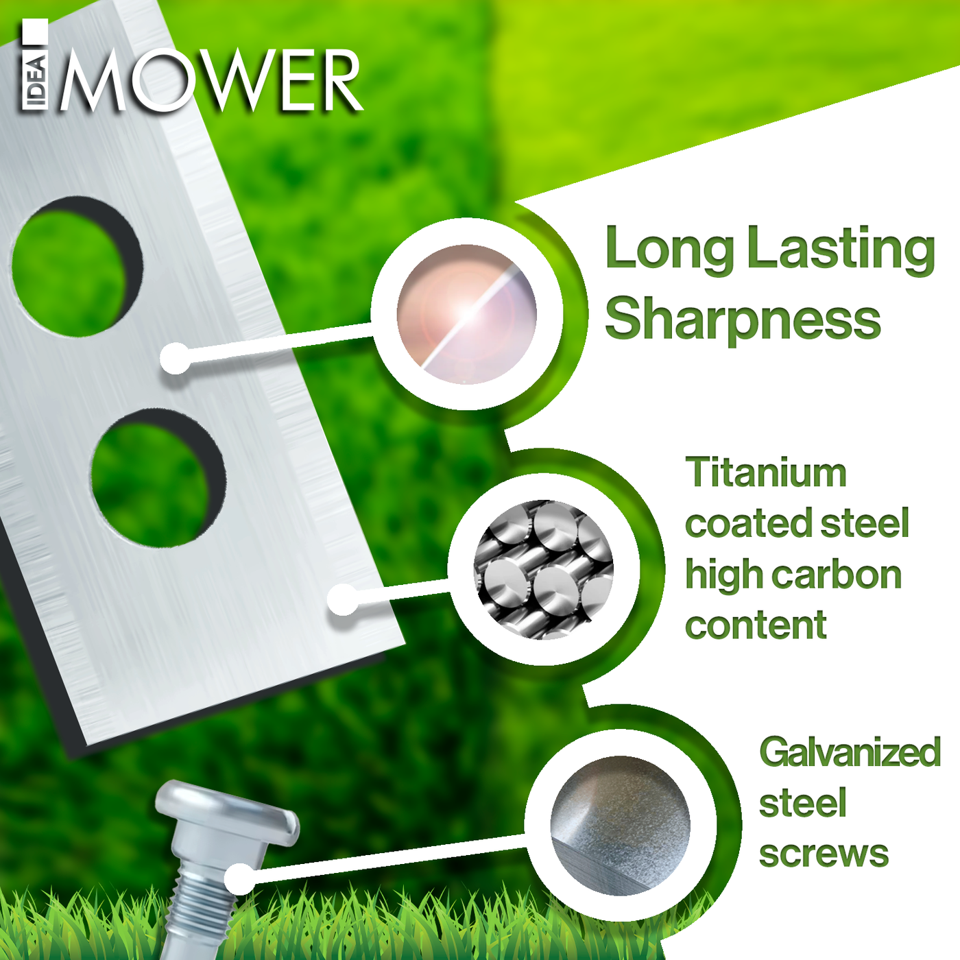 Worx mower blade with labels showing high carbon titanium-coated steel and galvanized steel screws. Text: “Long lasting sharpness”.