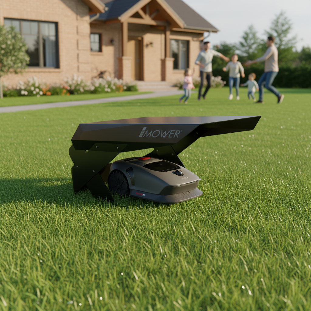Abri Mova 600 installé le long d’une allée paysagée, protection esthétique et fonctionnelle pour tondeuse robotisée