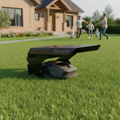 Abri Mova 600 installé le long d’une allée paysagée, protection esthétique et fonctionnelle pour tondeuse robotisée