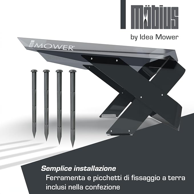 Vista laterale del garage Möbius M per robot tagliaerba Sunseeker con struttura a X e picchetti di fissaggio inclusi.