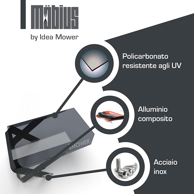 Matériaux du garage Möbius M : polycarbonate anti-UV, aluminium composite et vis en acier inoxydable pour robots Sunseeker.
