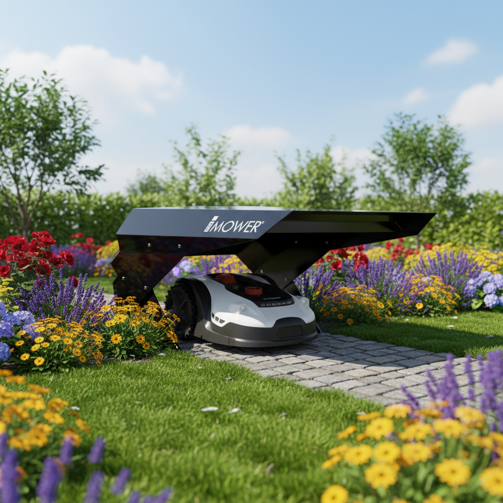 Sunseeker L22 Mähroboter unter Möbius M Garage auf Steinweg mit bunten Blumen. Robuste Lösung zum Schutz des Mähers im Freien.