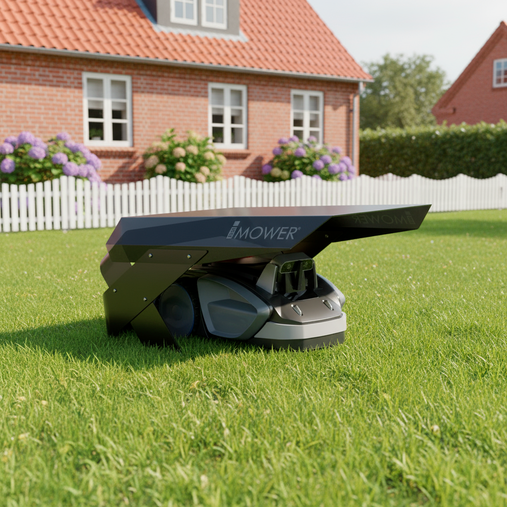 Robot tagliaerba Sunseeker L22 sotto garage Möbius M su prato verde davanti a una casa con ortensie e staccionata bianca. Protezione pratica ed elegante per il robot.