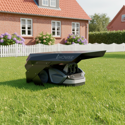 Robot tagliaerba Sunseeker L22 sotto garage Möbius M su prato verde davanti a una casa con ortensie e staccionata bianca. Protezione pratica ed elegante per il robot.