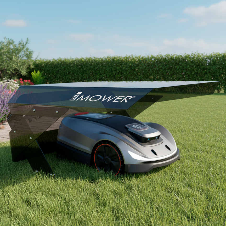 Mähroboter Sunseeker X5 unter der Möbius M Garage in einem blühenden Garten geparkt. Das schwarze Dach schützt vor Sonnenlicht.