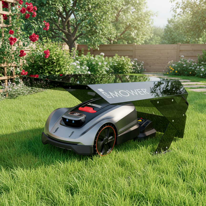 Mähroboter Sunseeker X5 unter der Möbius M Garage in einem blühenden Garten geparkt. Das schwarze Dach schützt vor Sonnenlicht.