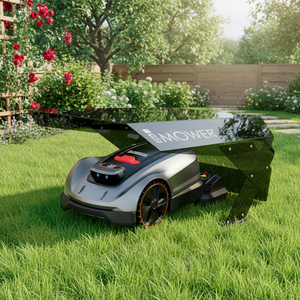 Mähroboter Sunseeker X5 unter der Möbius M Garage in einem blühenden Garten geparkt. Das schwarze Dach schützt vor Sonnenlicht.