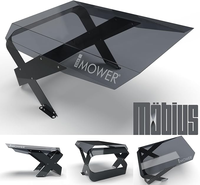 Frontansicht der Möbius M Garage für Sunseeker Mähroboter mit transparentem Dach und modernem Design.
