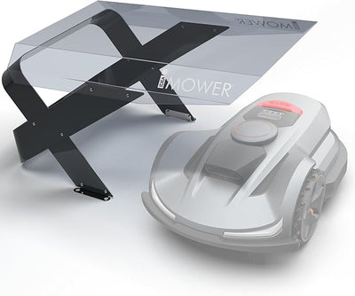 Die Möbius M Garage schützt einen Sunseeker Mähroboter während des Ladevorgangs.