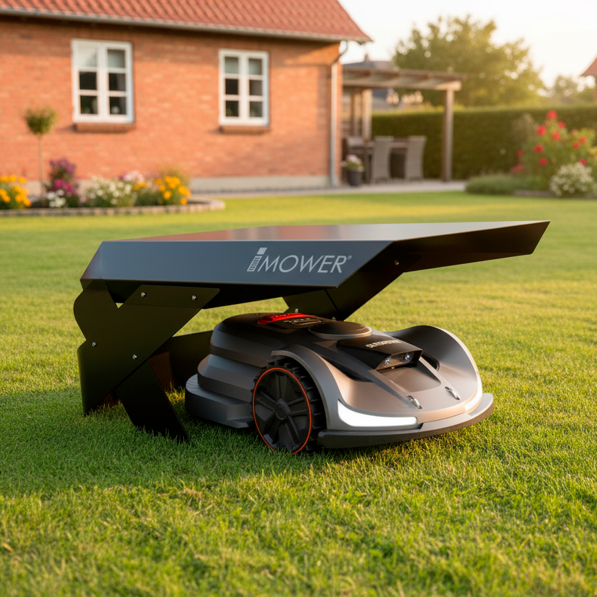 Mähroboter Sunseeker X7 unter der Möbius XL Garage auf grünem Rasen geparkt. Das transparente Dach schützt vor Sonne und Regen.