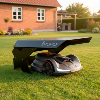 Mähroboter Sunseeker X7 unter der Möbius XL Garage auf grünem Rasen geparkt. Das transparente Dach schützt vor Sonne und Regen.