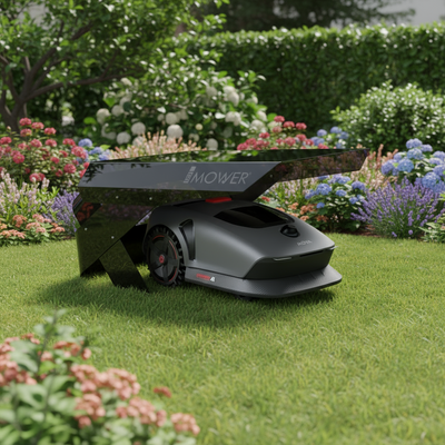 Mova 1000 robotic mower garage installed on gravel, suitable for non-lawn installations and modern gardens